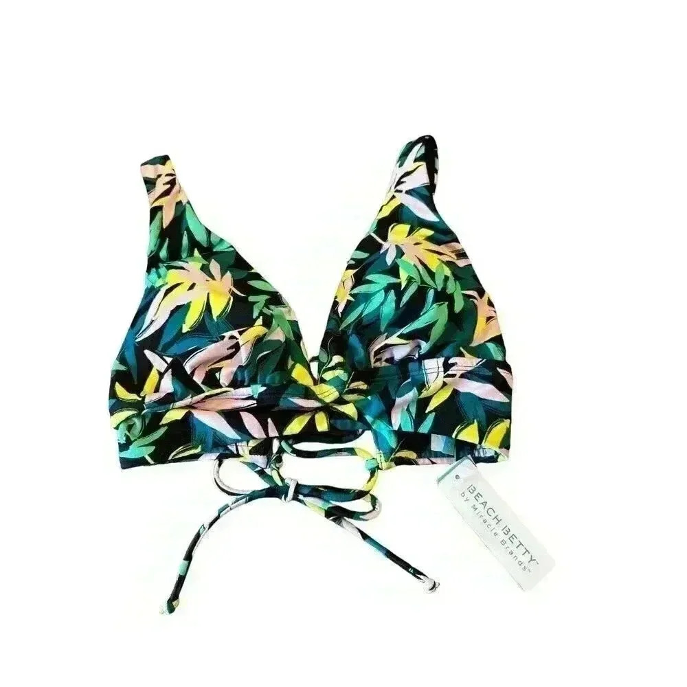 Beach Betty Women's NWT Slimming Control Plunge Lace-Up Bikini Top, Size Small